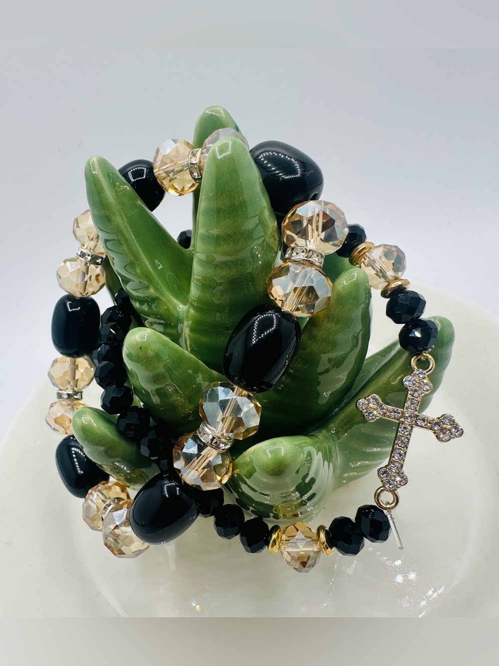 Black and Champagne Beaded Bracelet set of two with Cross Charm